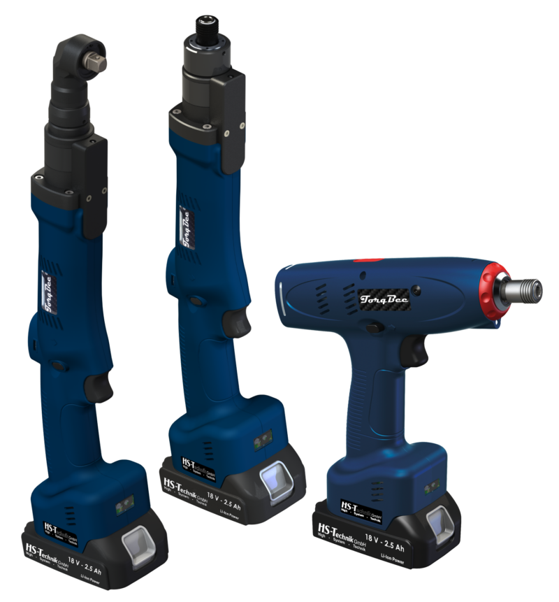 Three models of the torqbee ec screwdriver from hs-technik with blue design and different configurations.
